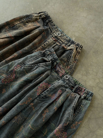 Wide Leg Pants Women - Retro Flower Design, Elastic Waist, Comfortable Fit - Brand Name - 6