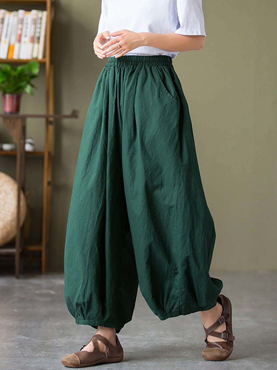 Women's Pants - Plus Size Cotton-Linen Casual Lantern Pants with Pockets & Elastic Waist - Brand Name - 2