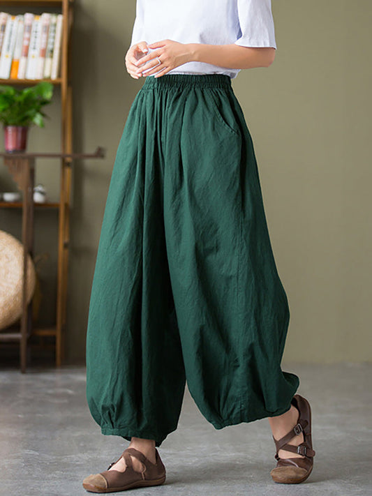 Women's Pants - Plus Size Cotton-Linen Casual Lantern Pants with Pockets & Elastic Waist - Brand Name - 2