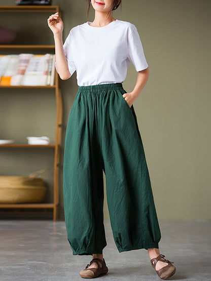 Women's Pants - Plus Size Cotton-Linen Casual Lantern Pants with Pockets & Elastic Waist - Brand Name - 4
