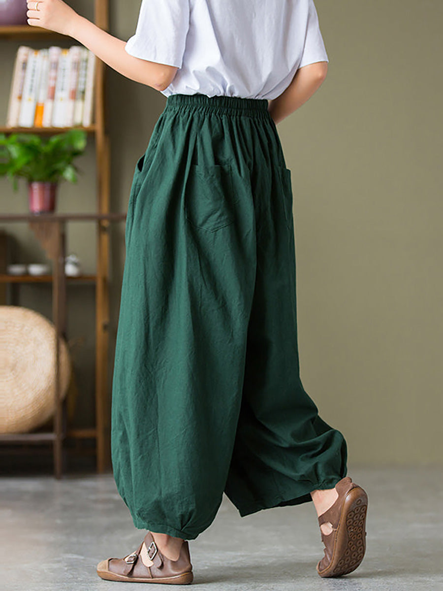 Women's Pants - Plus Size Cotton-Linen Casual Lantern Pants with Pockets & Elastic Waist - Brand Name - 7