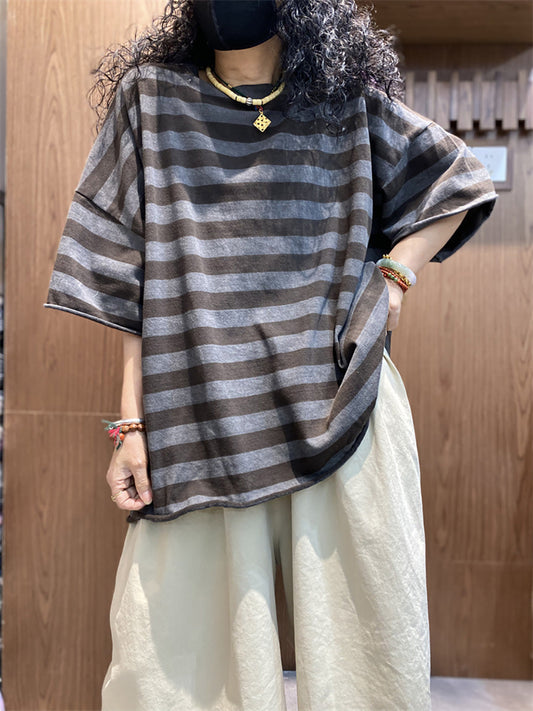 Women's Shirt - Plus Size O-Neck Cotton Top, Stripe Colorblock Design, Short Raglan Sleeves - Brand Name - 1