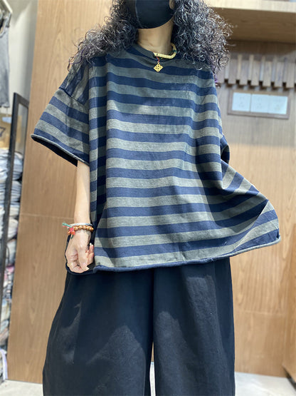 Women's Shirt - Plus Size O-Neck Cotton Top, Stripe Colorblock Design, Short Raglan Sleeves - Brand Name - 2