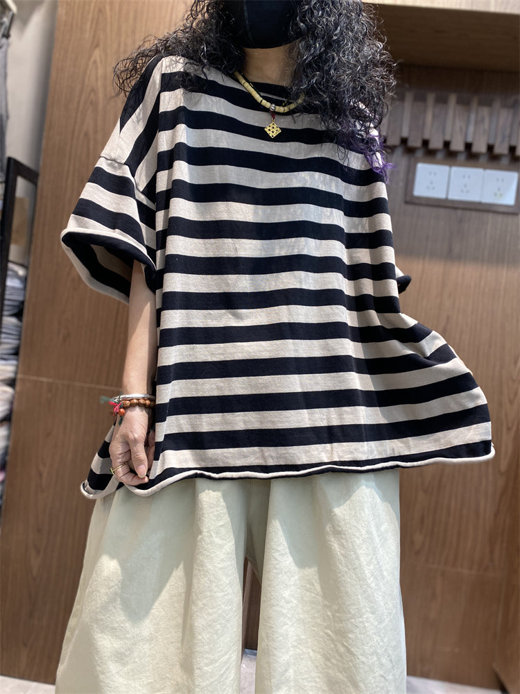 Women's Shirt - Plus Size O-Neck Cotton Top, Stripe Colorblock Design, Short Raglan Sleeves - Brand Name - 3