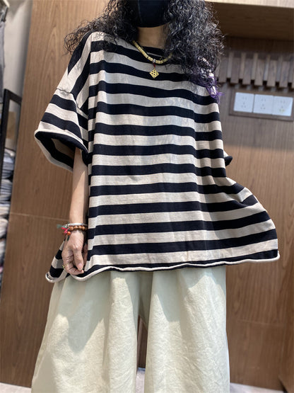 Women's Shirt - Plus Size O-Neck Cotton Top, Stripe Colorblock Design, Short Raglan Sleeves - Brand Name - 3