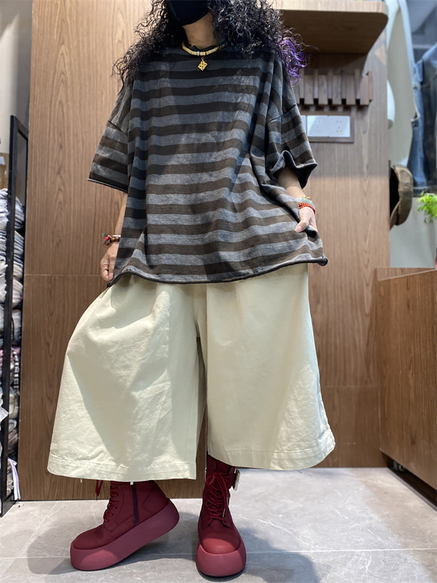 Women's Shirt - Plus Size O-Neck Cotton Top, Stripe Colorblock Design, Short Raglan Sleeves - Brand Name - 4