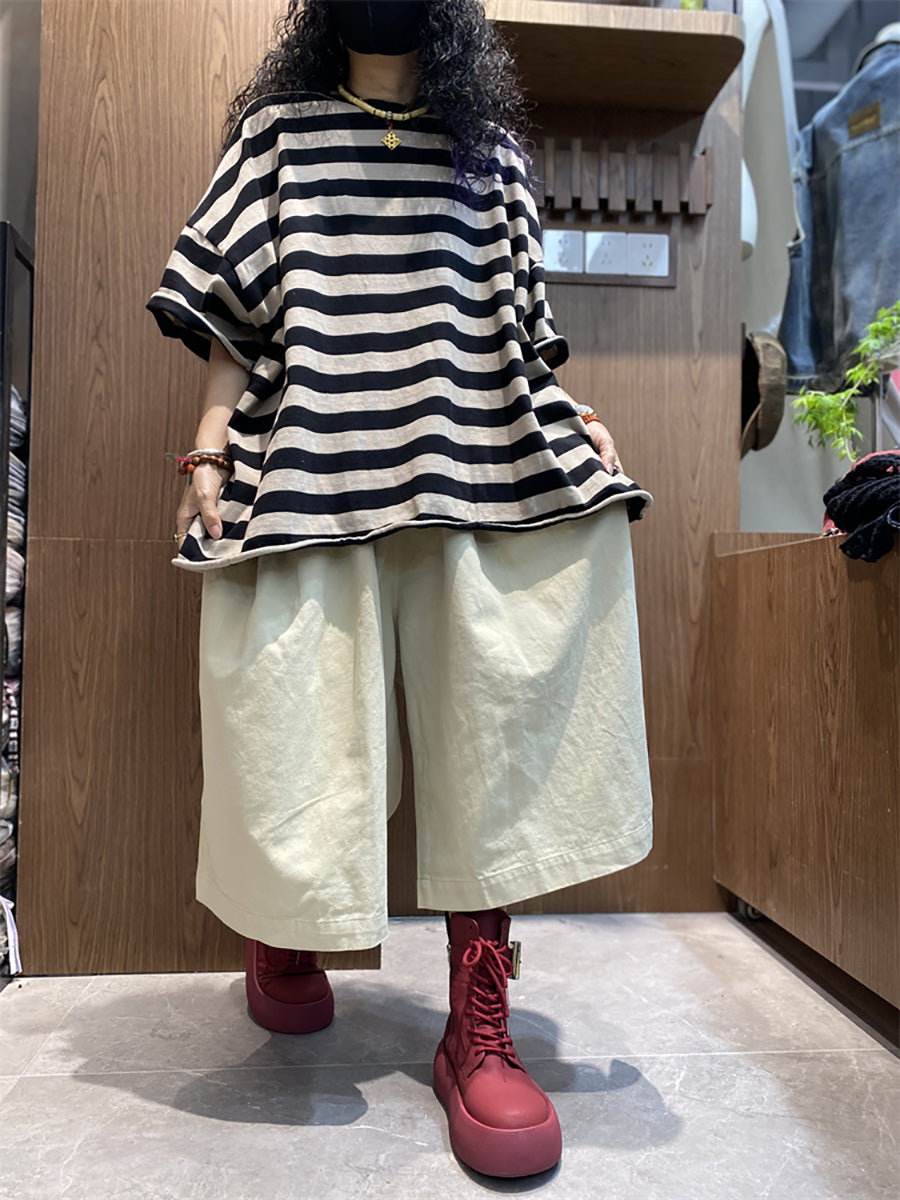 Women's Shirt - Plus Size O-Neck Cotton Top, Stripe Colorblock Design, Short Raglan Sleeves - Brand Name - 7