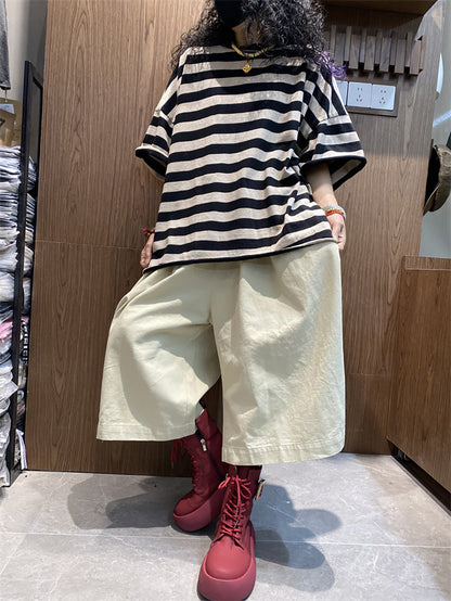 Women's Shirt - Plus Size O-Neck Cotton Top, Stripe Colorblock Design, Short Raglan Sleeves - Brand Name - 8