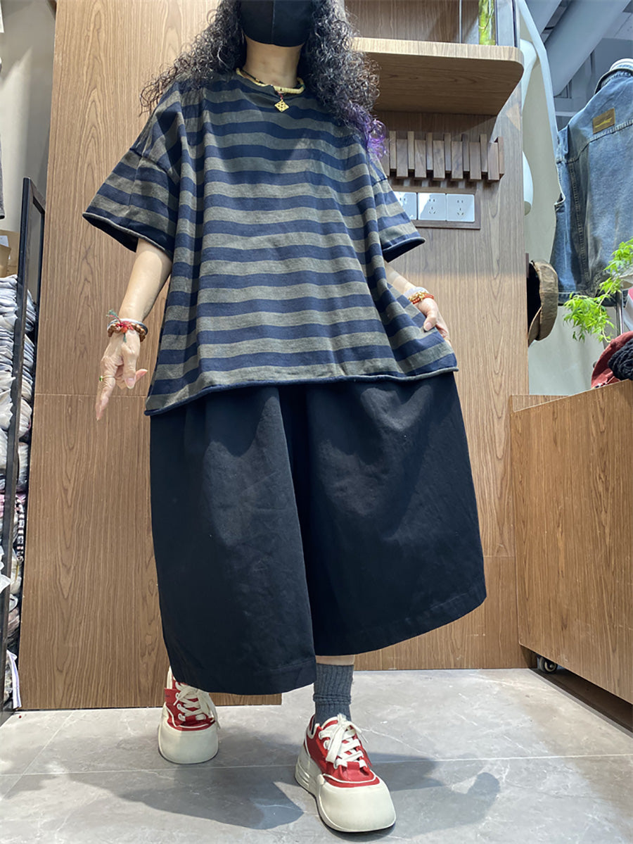 Women's Shirt - Plus Size O-Neck Cotton Top, Stripe Colorblock Design, Short Raglan Sleeves - Brand Name - 9