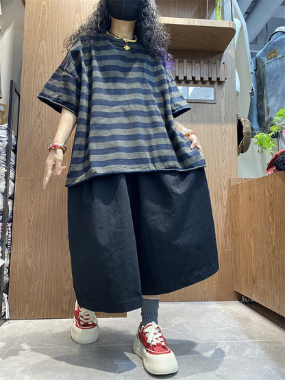 Women's Shirt - Plus Size O-Neck Cotton Top, Stripe Colorblock Design, Short Raglan Sleeves - Brand Name - 9