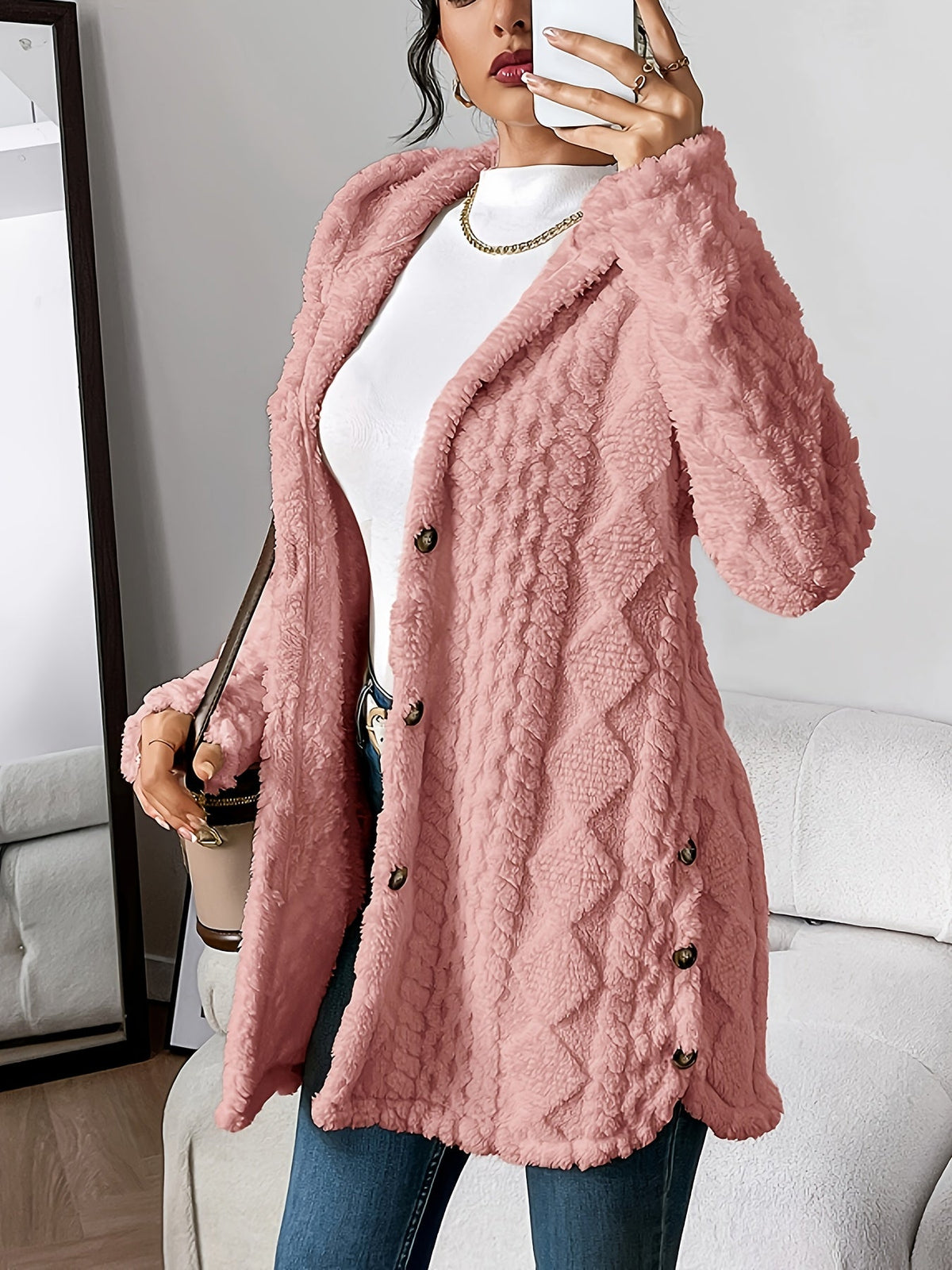Women's Hooded Cable Knit Longline Cardigan in Pink - product view | Hensley London