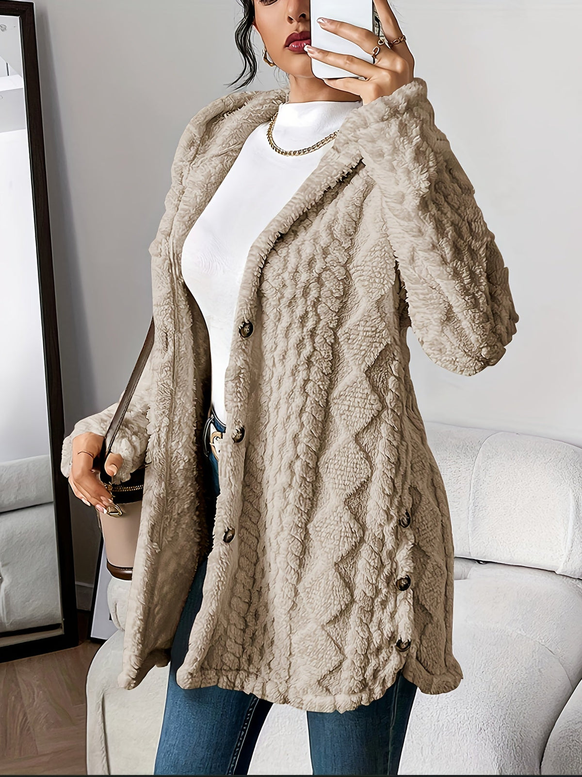 Women's Hooded Cable Knit Longline Cardigan in Khaki - product view | Hensley London