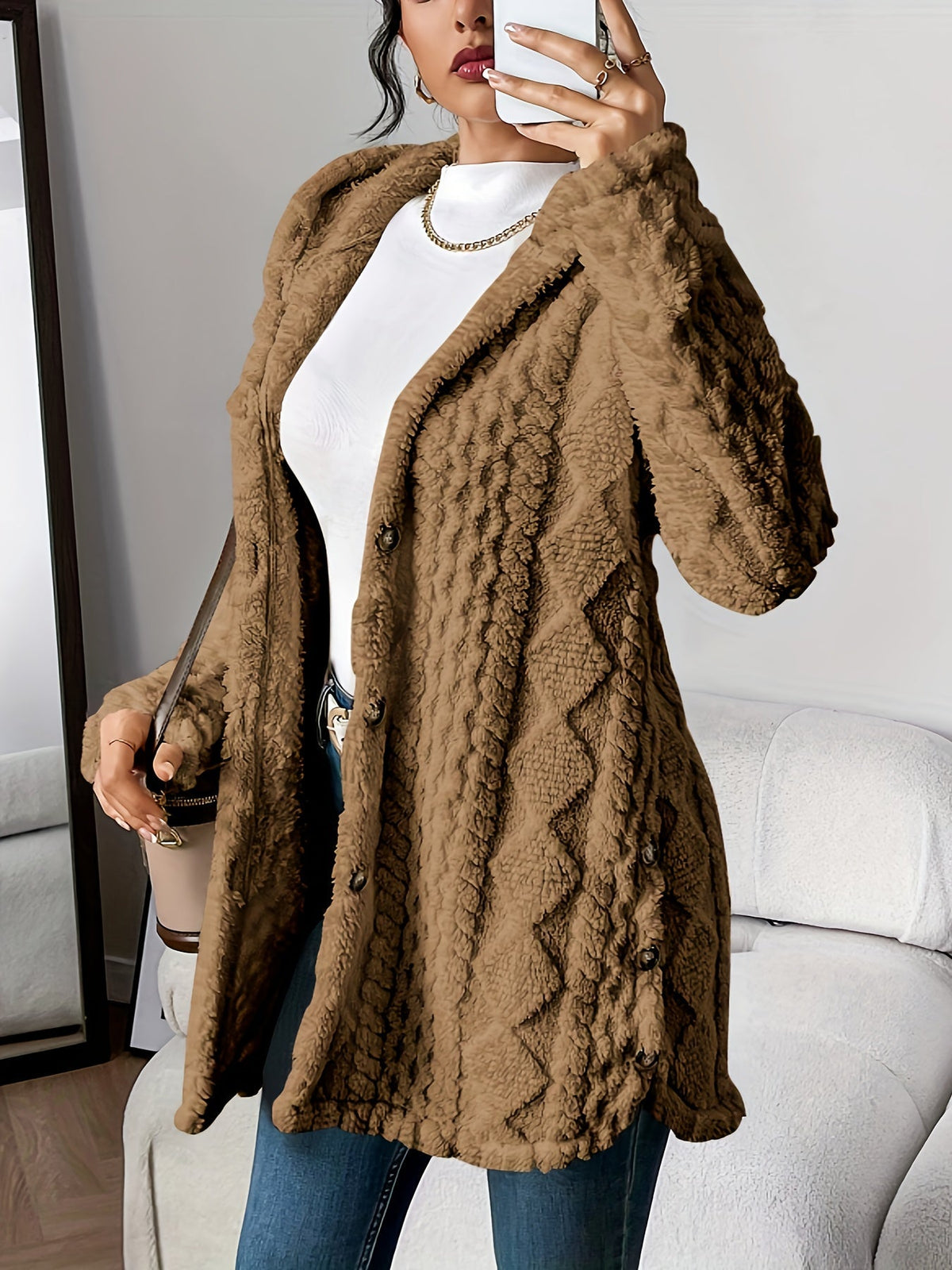 Women's Hooded Cable Knit Longline Cardigan in Brown - product view | Hensley London