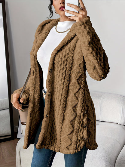 Women's Hooded Cable Knit Longline Cardigan in Brown - product view | Hensley London