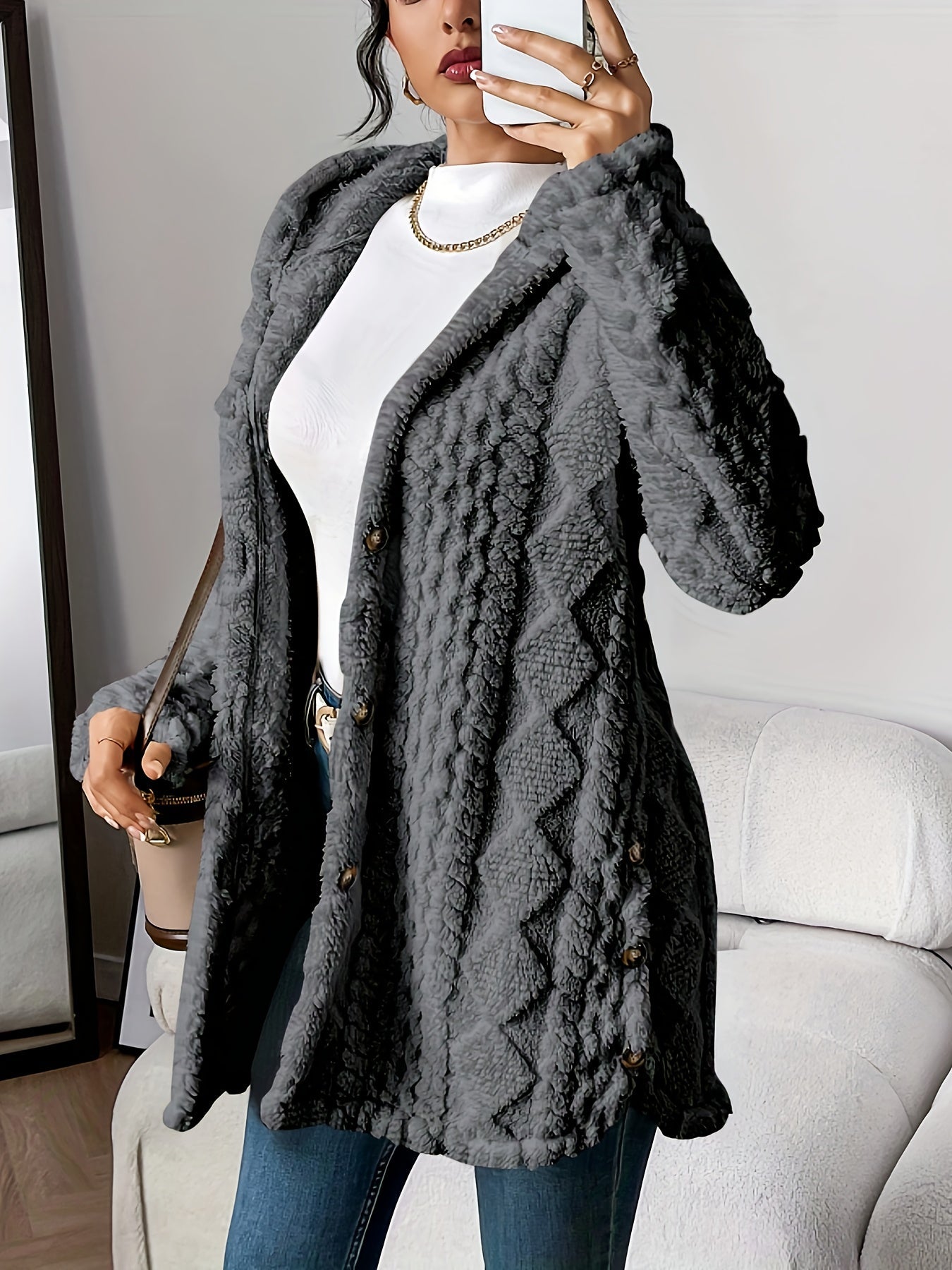 Women's Hooded Cable Knit Longline Cardigan in Gray - product view | Hensley London
