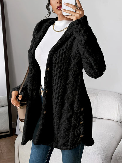 Women's Hooded Cable Knit Longline Cardigan in Black - product view | Hensley London