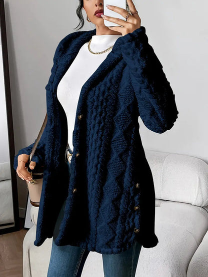 Women's Hooded Cable Knit Longline Cardigan in Navy Blue - product view | Hensley London