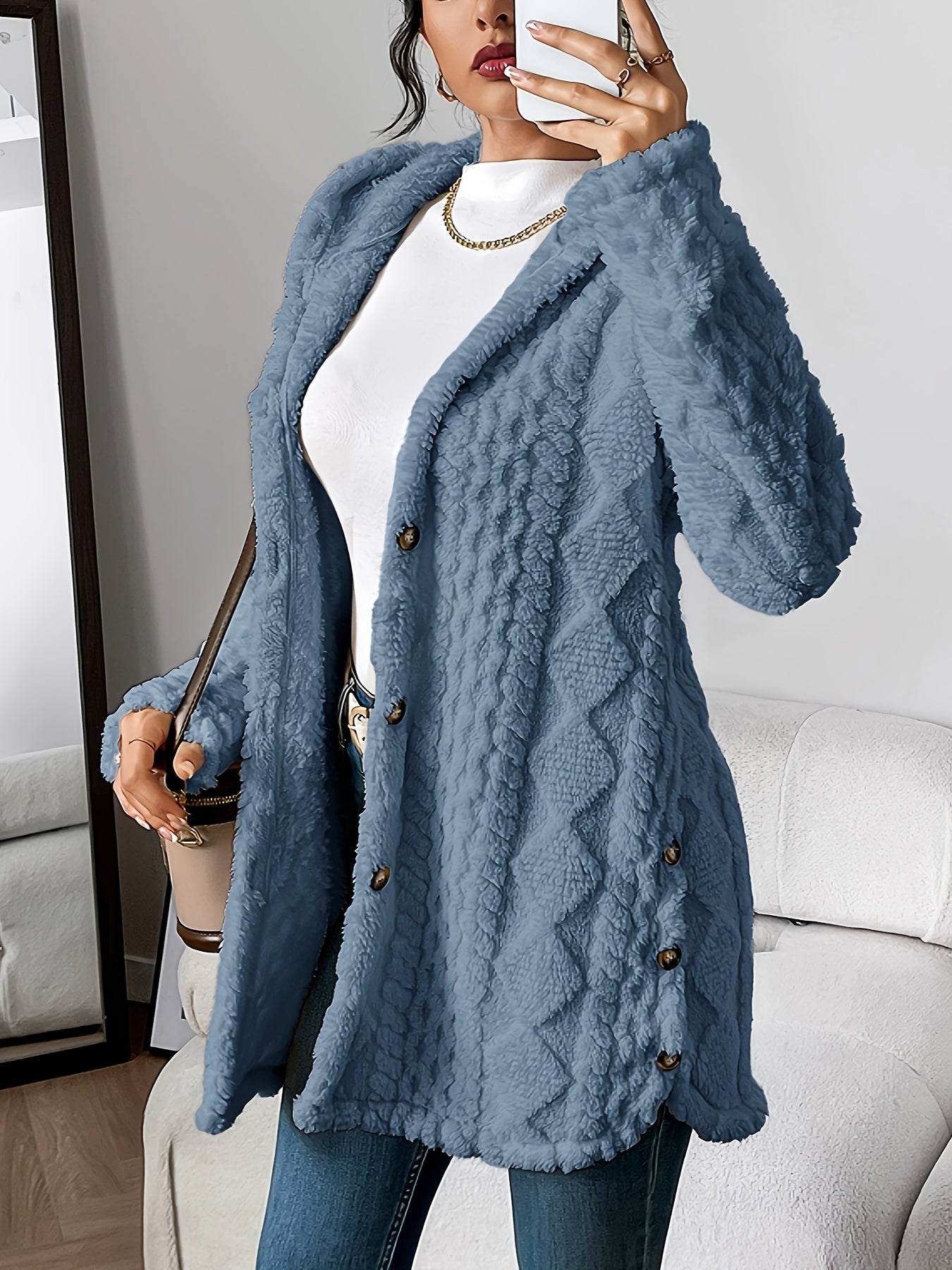 Women's Hooded Cable Knit Longline Cardigan in Denim Blue - product view | Hensley London