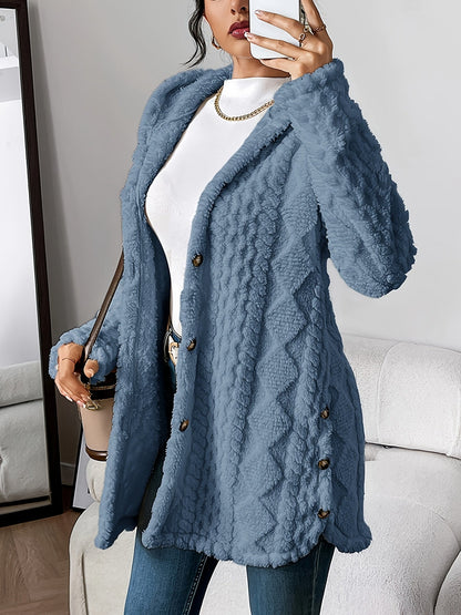 Women's Hooded Cable Knit Longline Cardigan in Denim Blue - product view | Hensley London