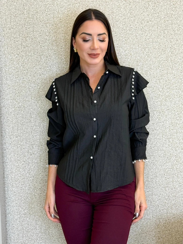 Women's Pleated Long-Sleeve Button-Up Shirt in Black – additional product view | Hensley London