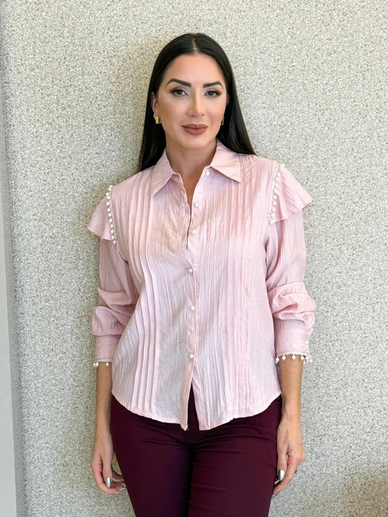 Women's Pleated Long-Sleeve Button-Up Shirt in Pink – additional product view | Hensley London