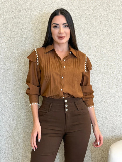 Women's Pleated Long-Sleeve Button-Up Shirt in Brown – additional product view | Hensley London