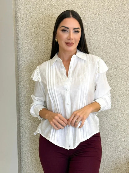 Women's Pleated Long-Sleeve Button-Up Shirt – additional product view | Hensley London