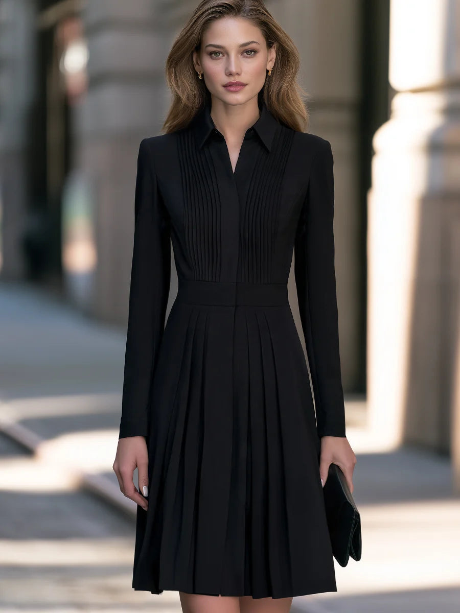 Women's Pleated Shirt-Collar A-Line Midi Dress – product view 2