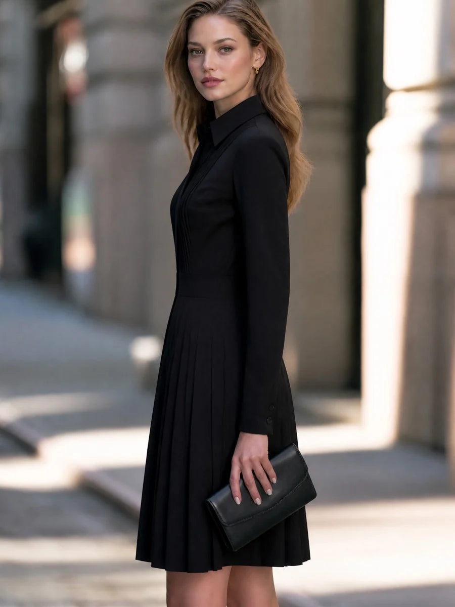 Women's Pleated Shirt-Collar A-Line Midi Dress – product view 6