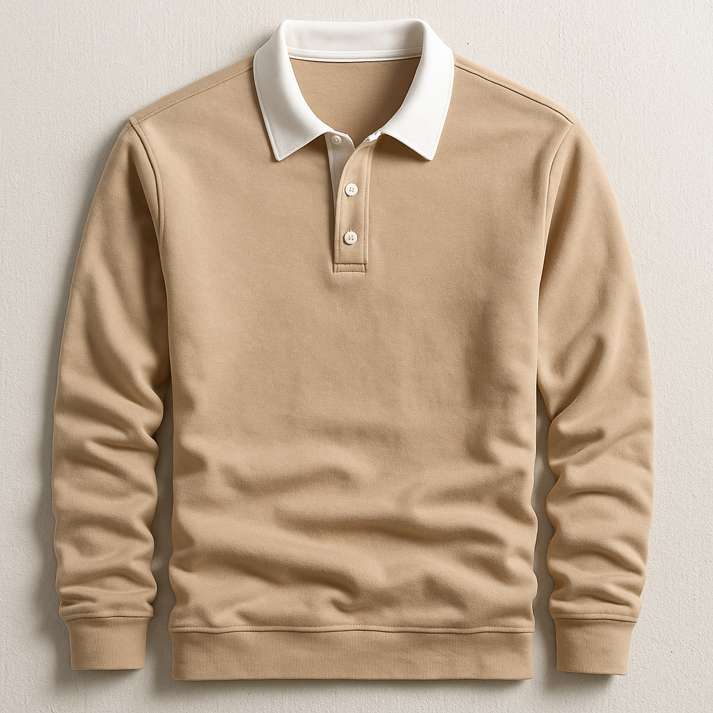 Men's Cotton Long-Sleeve Polo with Contrast Collar in Brown - additional view 2 | Hensley London
