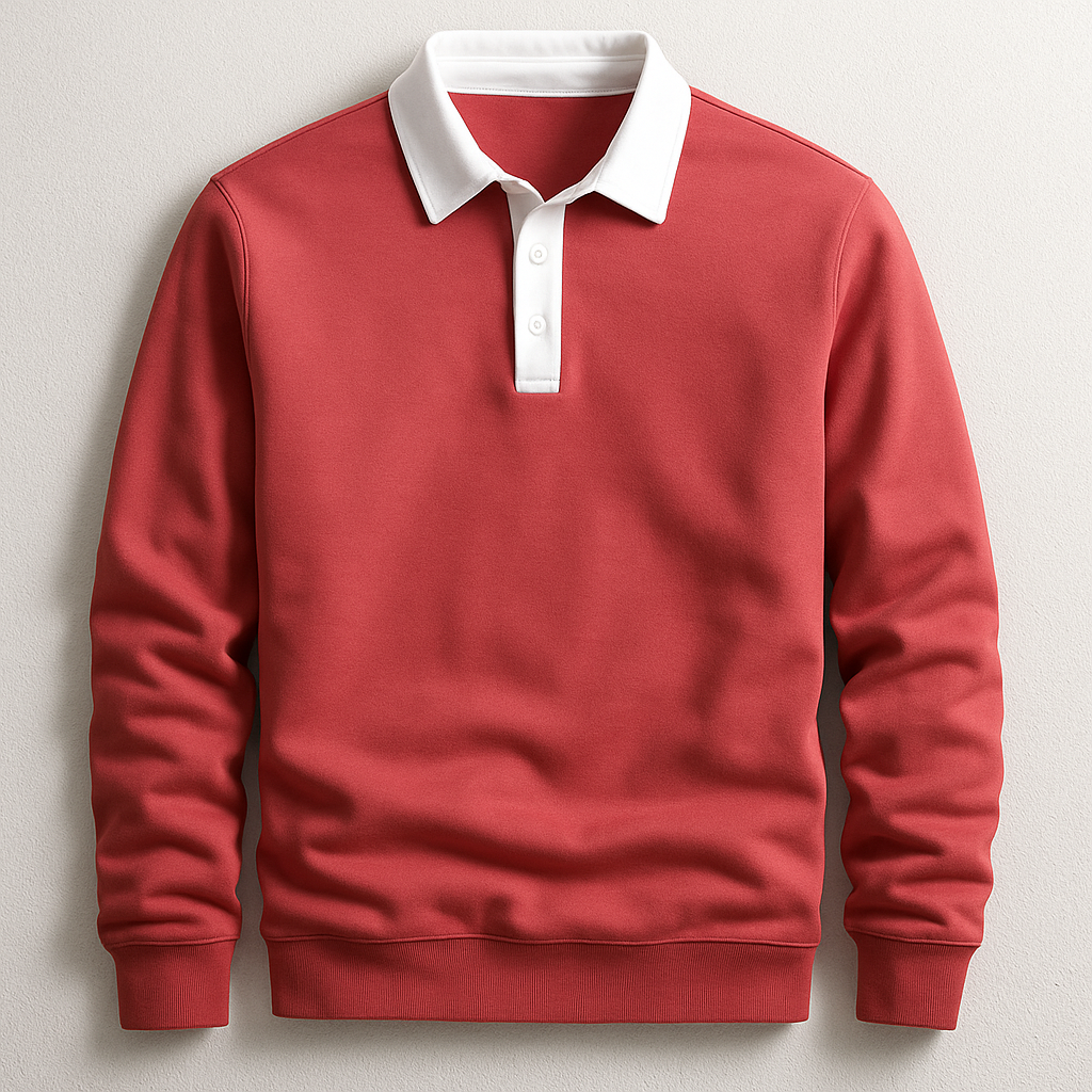 Men's Cotton Long-Sleeve Polo with Contrast Collar in Red - additional view 3 | Hensley London