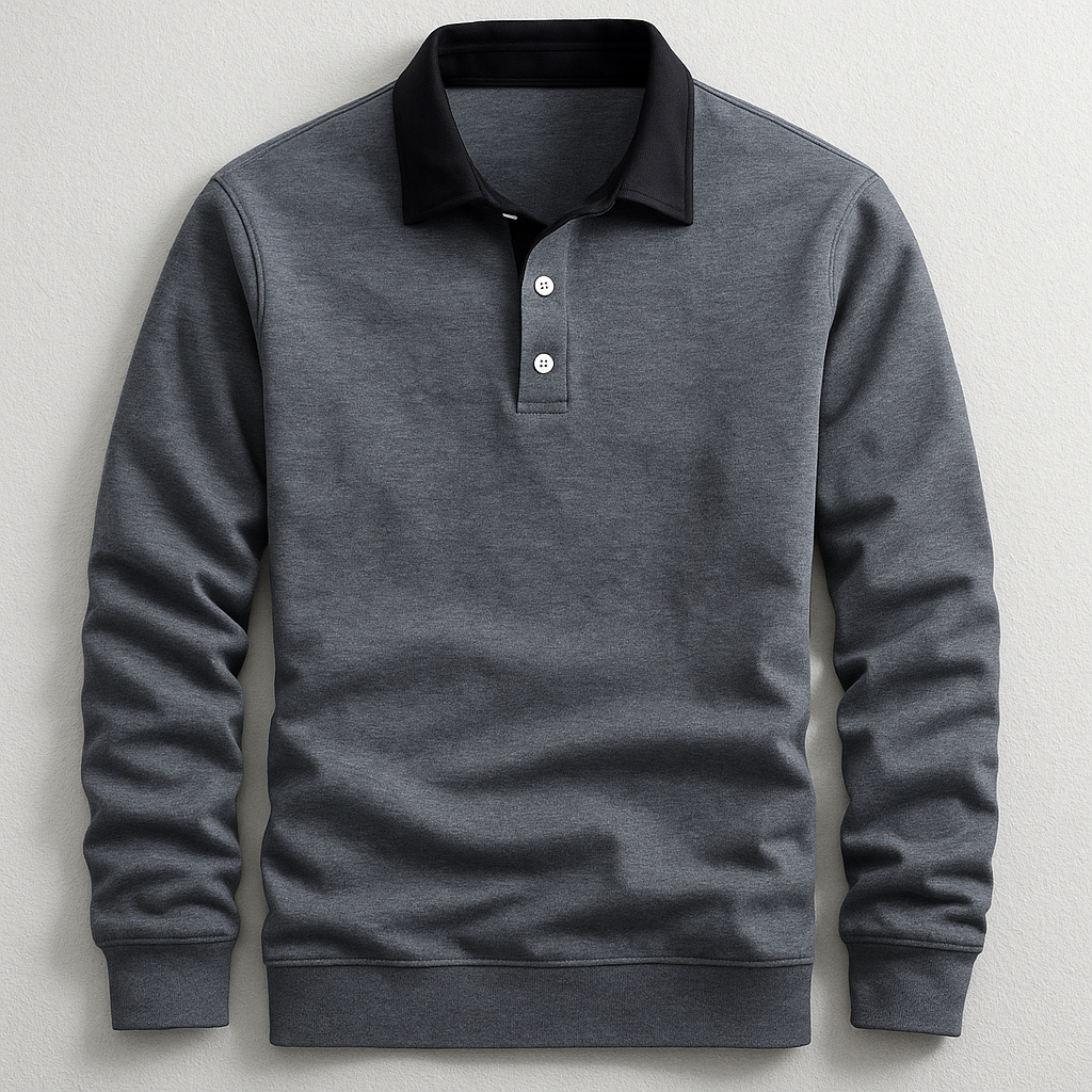 Men's Cotton Long-Sleeve Polo with Contrast Collar in Gray - additional view 4 | Hensley London
