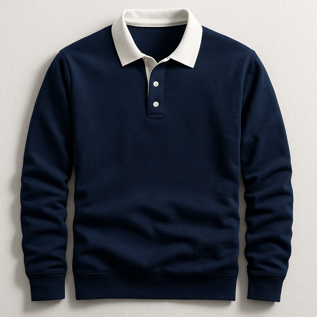 Men's Cotton Long-Sleeve Polo with Contrast Collar in Navy - additional view 5 | Hensley London