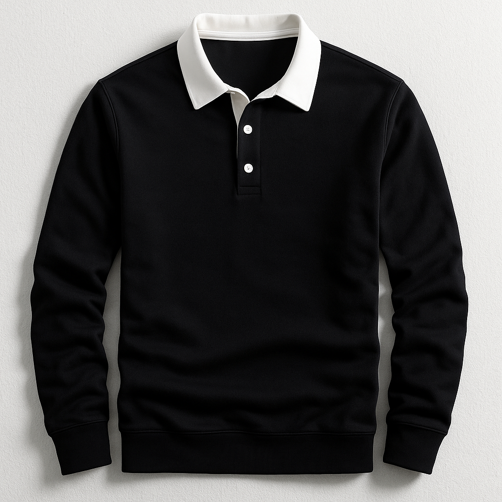 Men's Cotton Long-Sleeve Polo with Contrast Collar in Black - additional view 6 | Hensley London