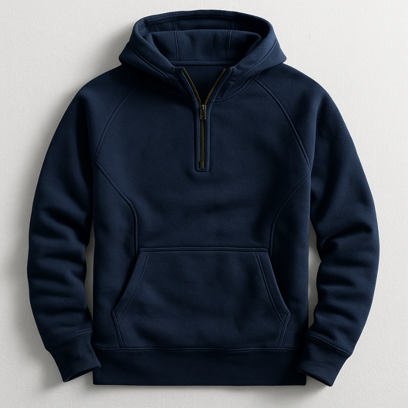 Men's Cotton Half-Zip Hoodie with Kangaroo Pocket in Navy - product view | Hensley London