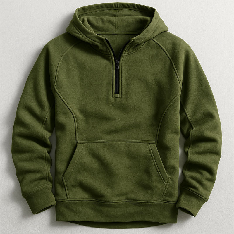 Men's Cotton Half-Zip Hoodie with Kangaroo Pocket in Green - product view | Hensley London