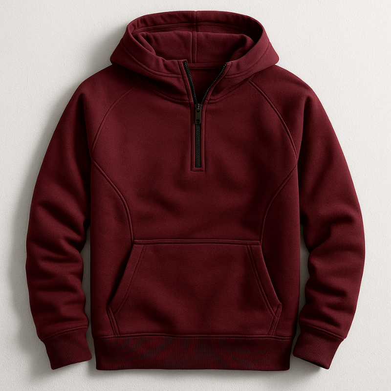 Men's Cotton Half-Zip Hoodie with Kangaroo Pocket in Maroon - product view | Hensley London