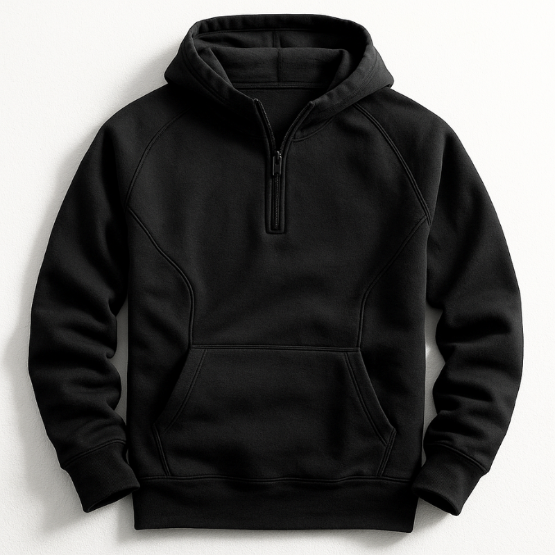 Men's Cotton Half-Zip Hoodie with Kangaroo Pocket in Black - product view | Hensley London