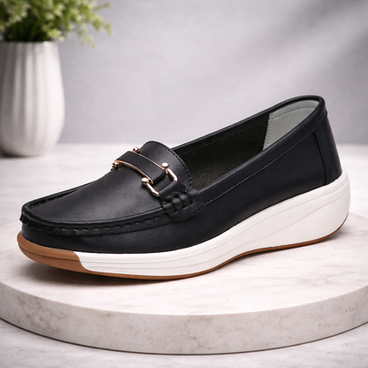 Women's Leather Platform Orthopedic Comfort Loafers in Green – side view | Hensley London