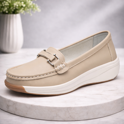 Women's Leather Platform Orthopedic Comfort Loafers in Cream – side view | Hensley London