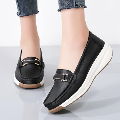 Women's Leather Platform Orthopedic Comfort Loafers – styled on-foot view | Hensley London