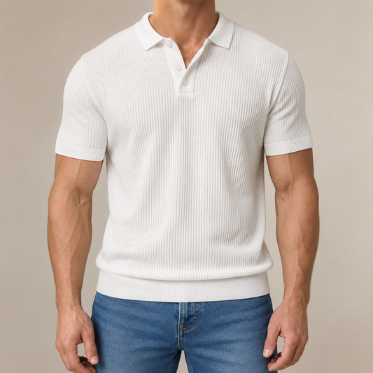 Men's Wool-Cotton Textured Knit Polo – front view | Hensley London