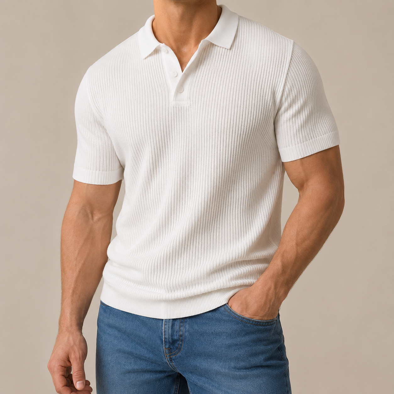 Men's Wool-Cotton Textured Knit Polo – angled view | Hensley London