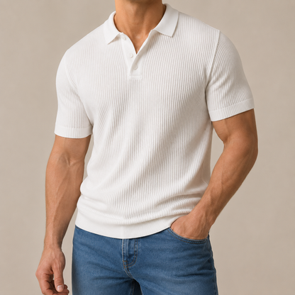 Men's Wool-Cotton Textured Knit Polo – angled view | Hensley London