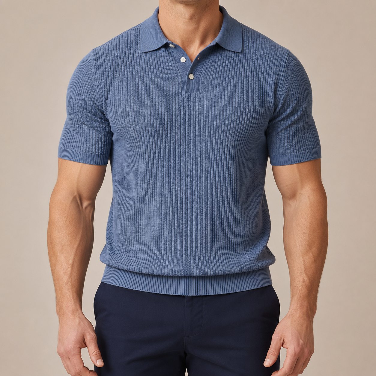 Men's Wool-Cotton Textured Knit Polo – back view | Hensley London