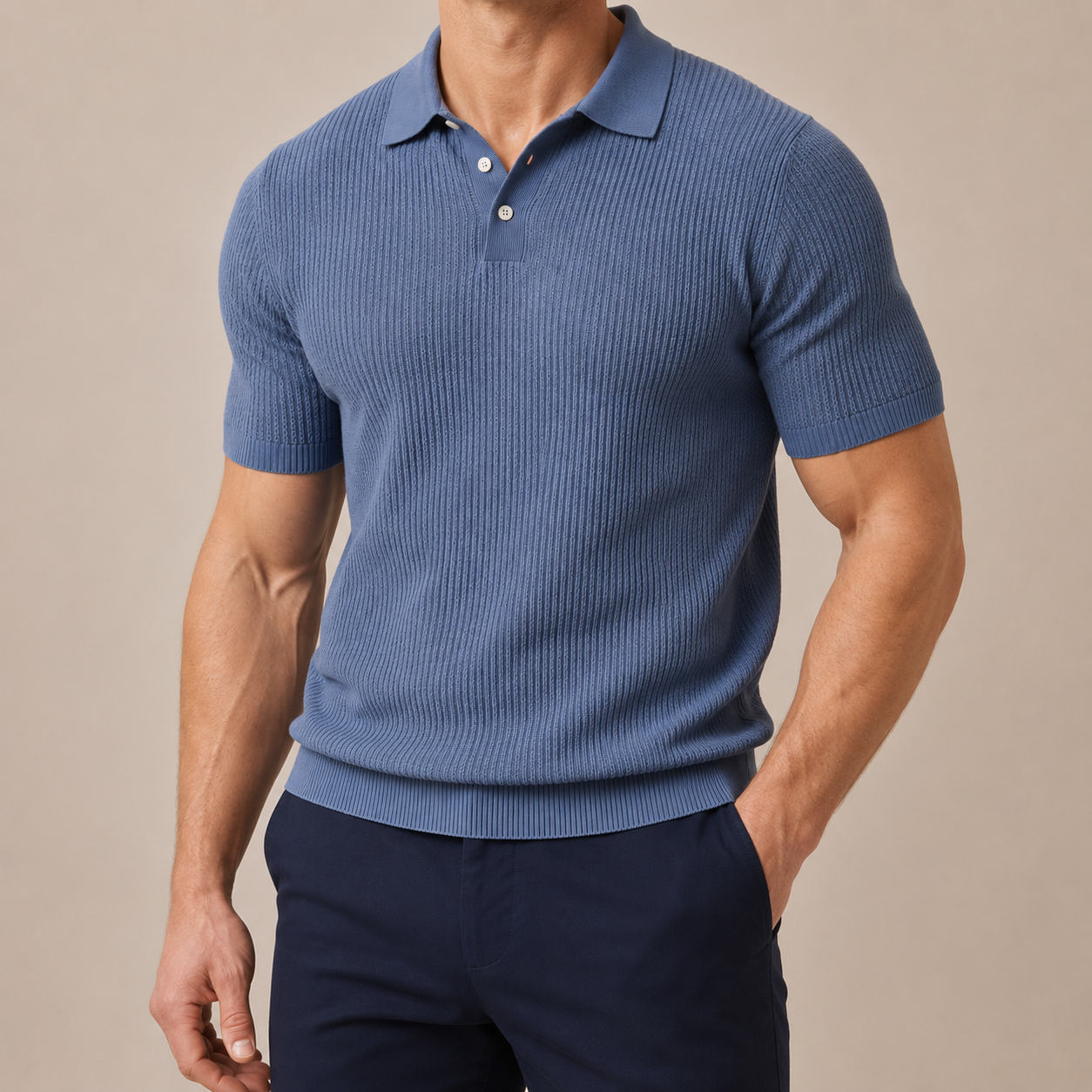Men's Wool-Cotton Textured Knit Polo – styled view | Hensley London
