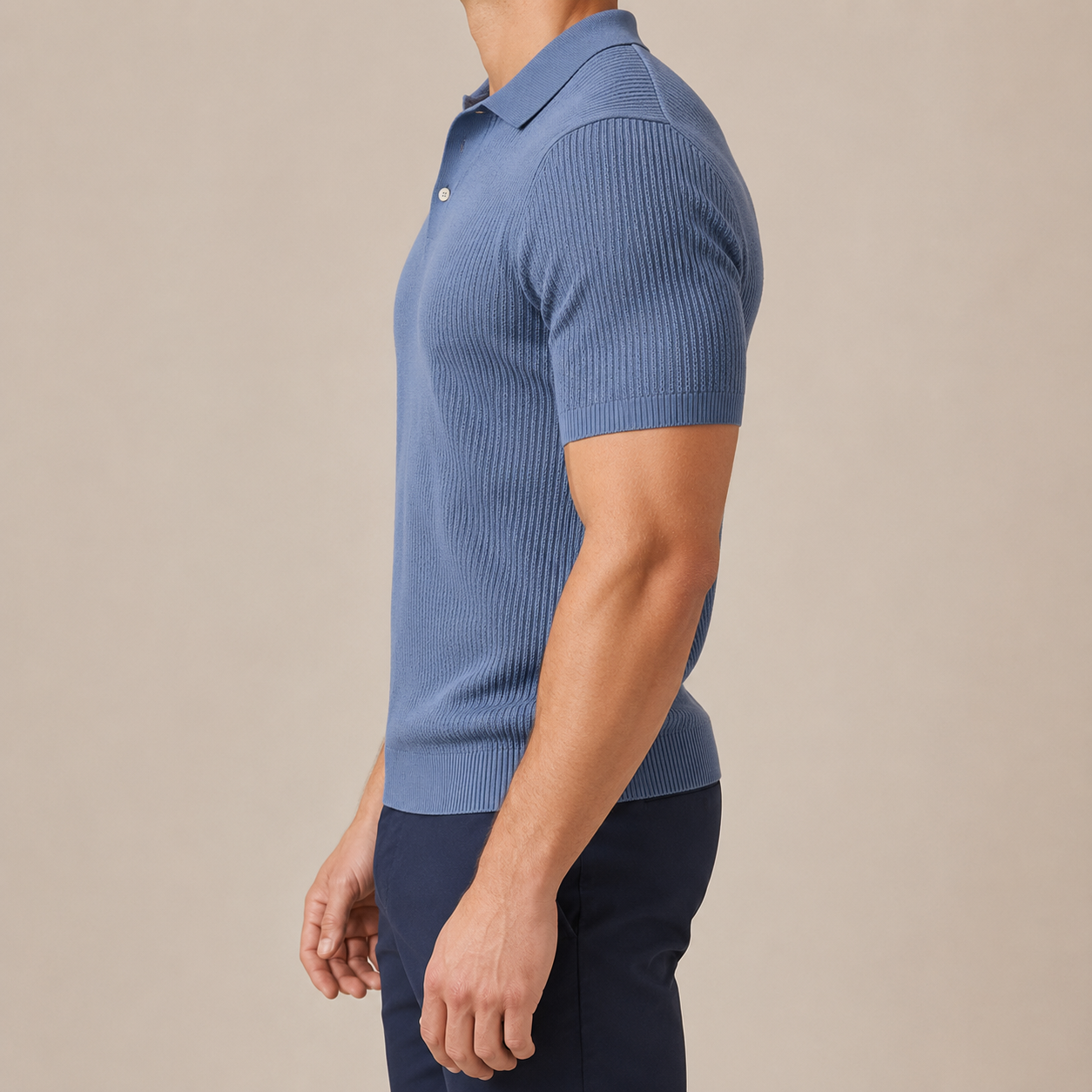 Men's Wool-Cotton Textured Knit Polo – fabric detail | Hensley London