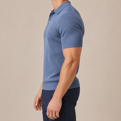 Men's Wool-Cotton Textured Knit Polo – fabric detail | Hensley London