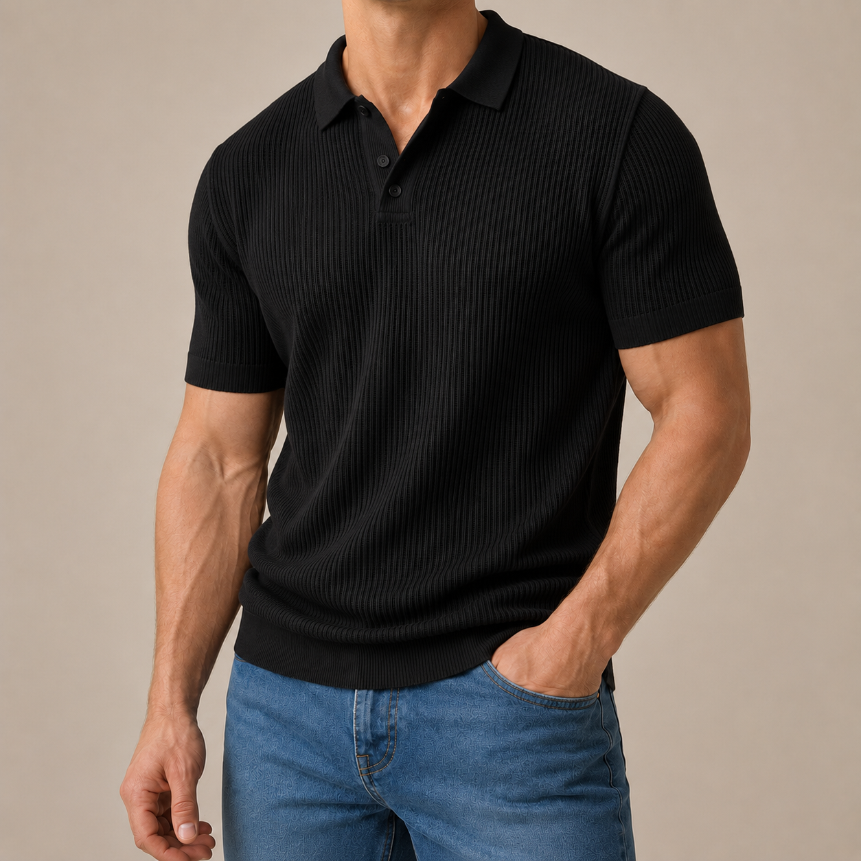 Men's Wool-Cotton Textured Knit Polo – close-up view | Hensley London