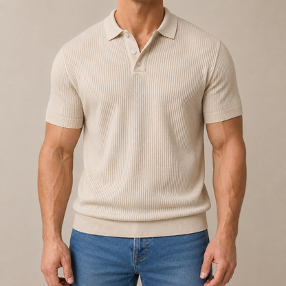 Men's Wool-Cotton Textured Knit Polo – lifestyle view | Hensley London